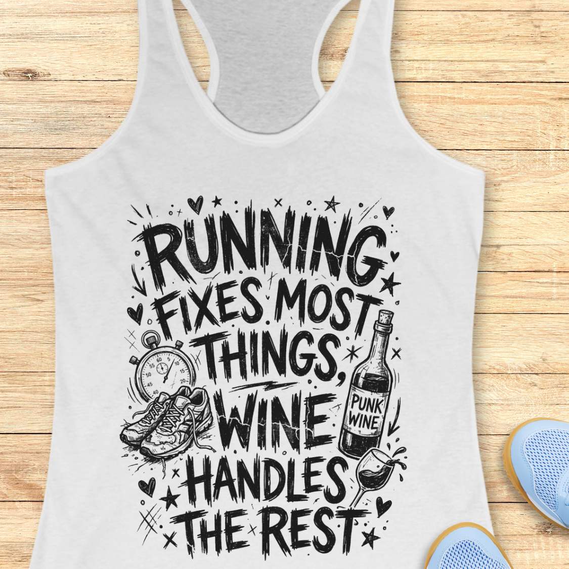 white tank top with black graphic design and text 'running fixes most things, wine handles the rest', on a wooden surface