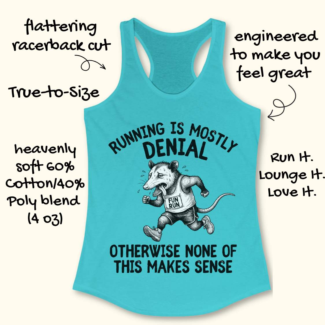 blue tank top with black graphic design and text 'running is mostly denial. otherwise, none of this makes sense.', on a white surface