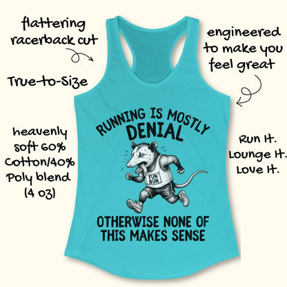 blue tank top with black graphic design and text 'running is mostly denial. otherwise, none of this makes sense.', on a white surface