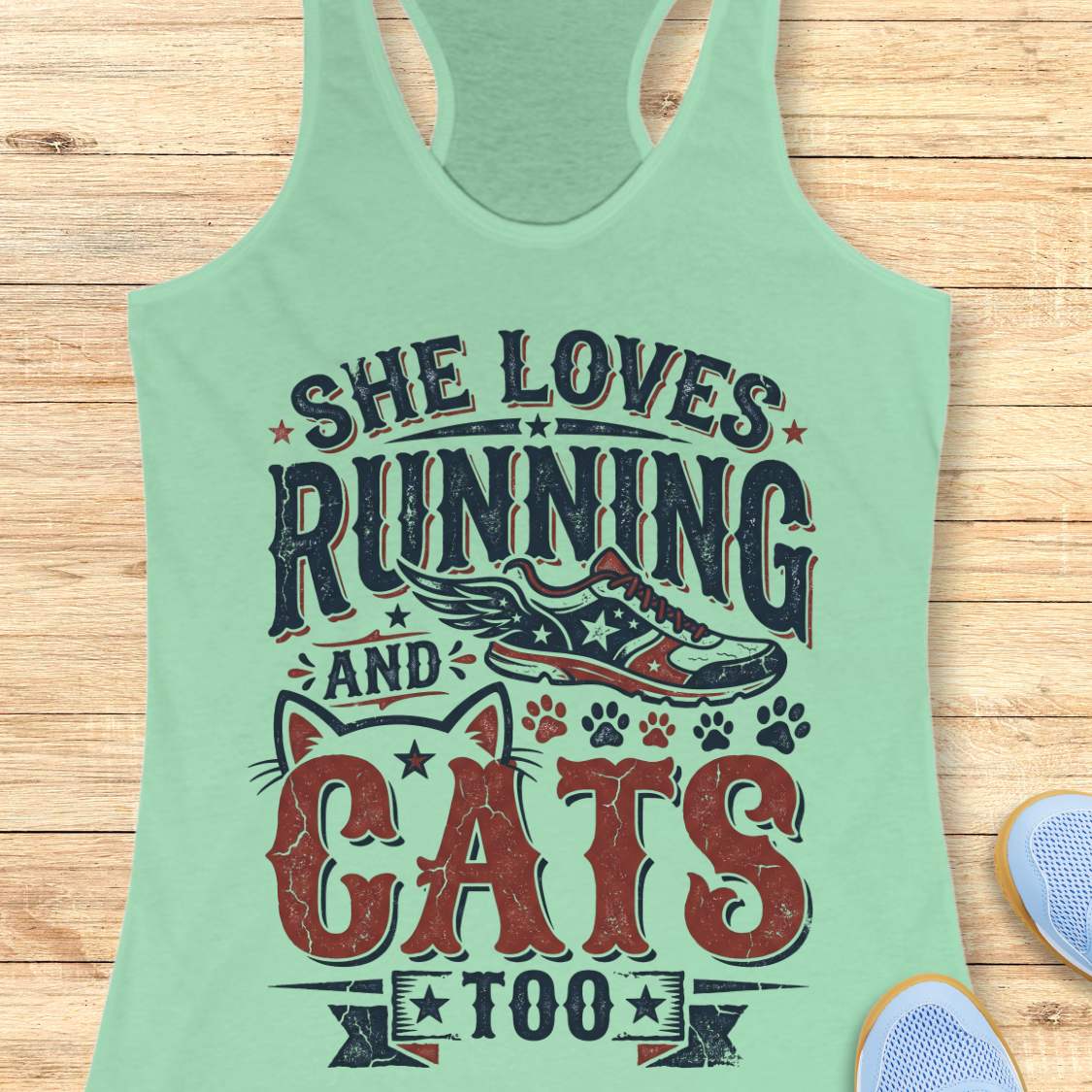 mint tank top with graphic design and text 'She loves running and cats too.', on a wooden surface