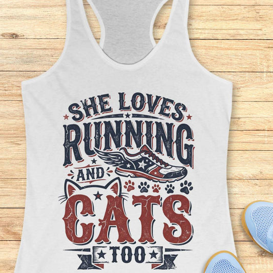 white tank top with graphic design and text 'She loves running and cats too.', on a wooden surface