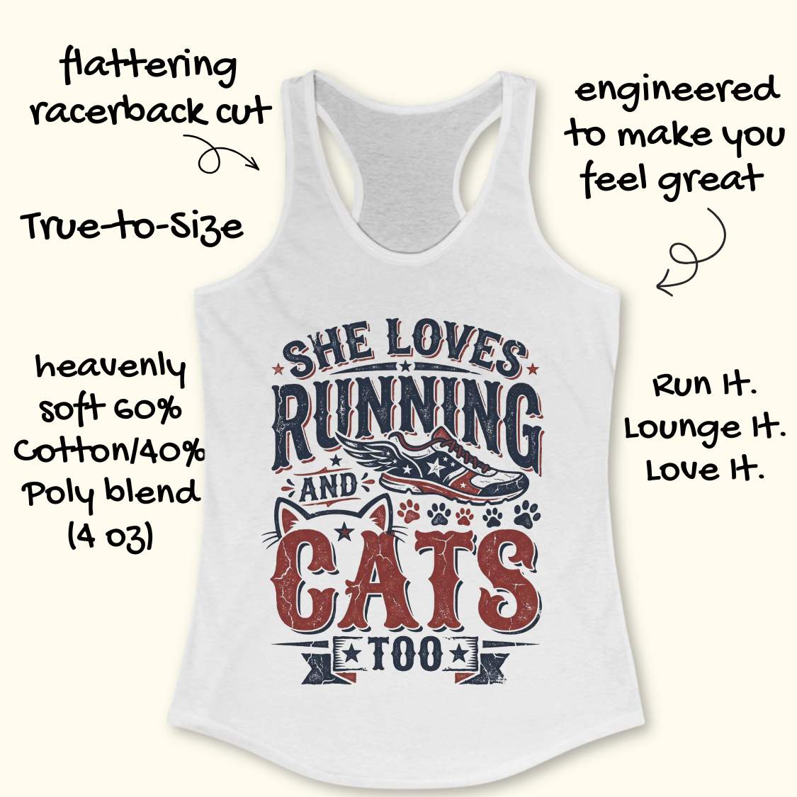 white tank top with graphic design and text 'She loves running and cats too.', on a wooden surface