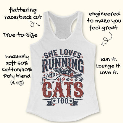 white tank top with graphic design and text 'She loves running and cats too.', on a wooden surface