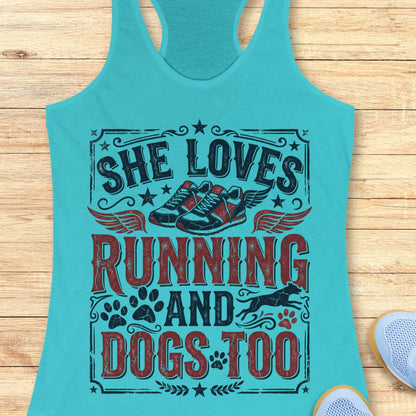 blue tank top with graphic design and text 'She loves running and dogs too.', on a wooden surface