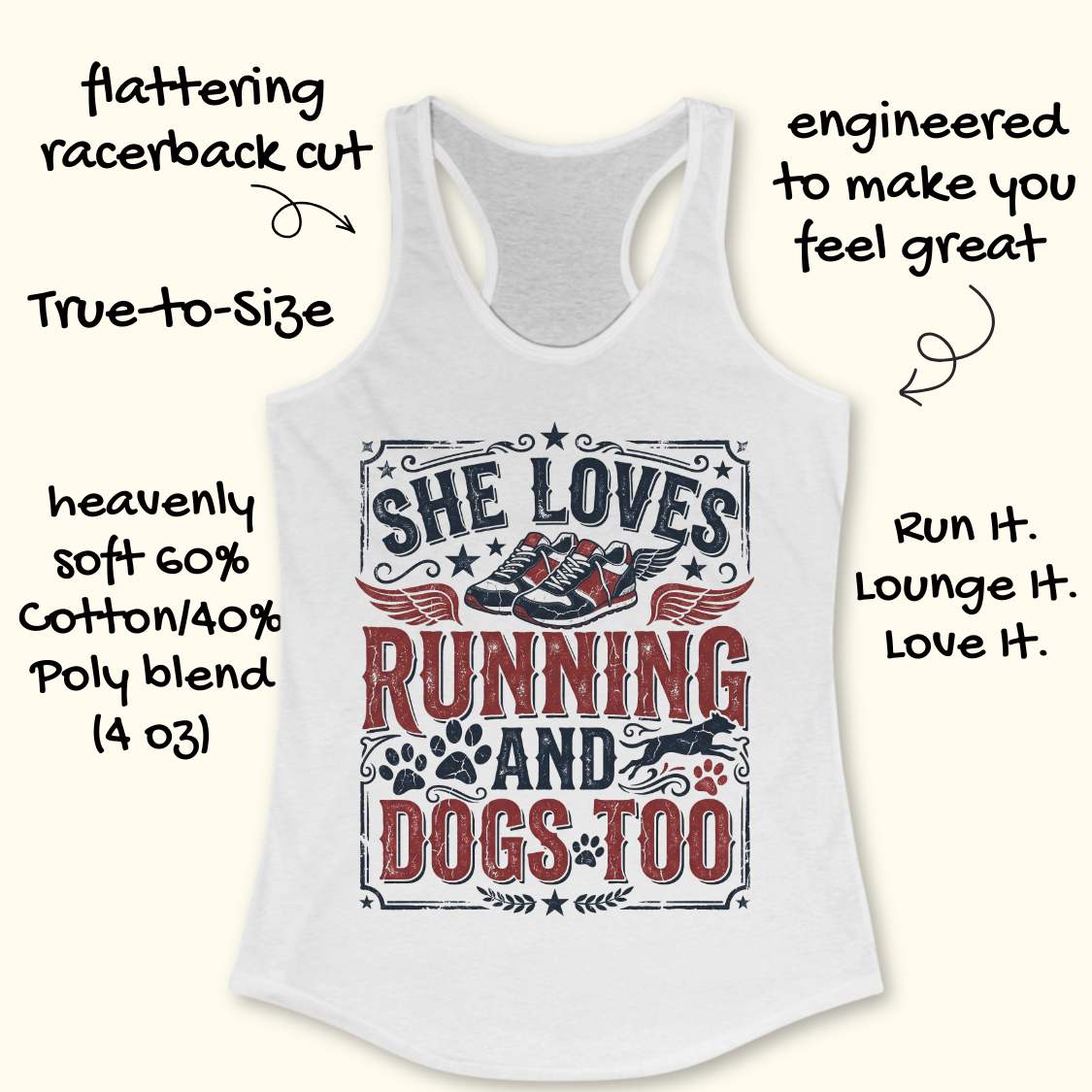 white tank top with graphic design and text 'She loves running and dogs too.', on a wooden surface