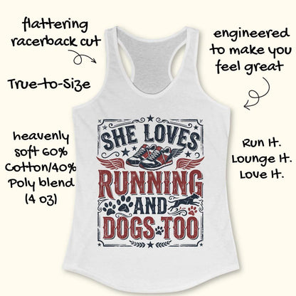 white tank top with graphic design and text 'She loves running and dogs too.', on a wooden surface