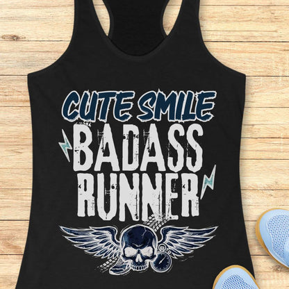 black tank top with text 'cute smile badass runner, on a wooden surface
