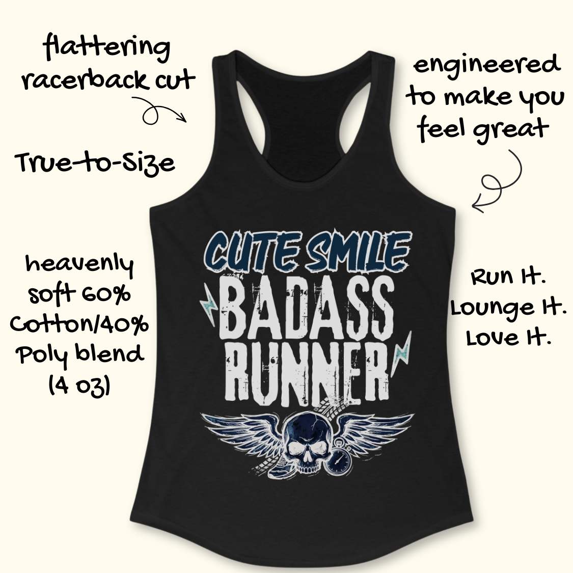 black tank top with text 'cute smile badass runner, on a wooden surface