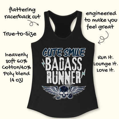 black tank top with text 'cute smile badass runner, on a wooden surface