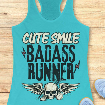 blue tank top with text 'cute smile badass runner, on a wooden surface