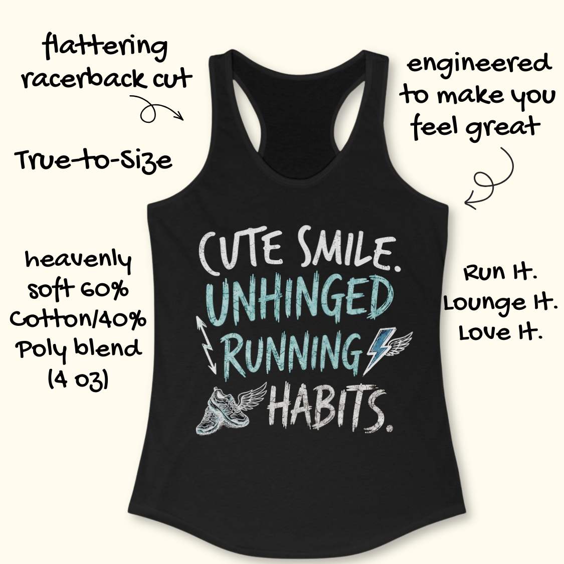 black tank top with text 'cute smile unhinged running habits', on a wooden surface