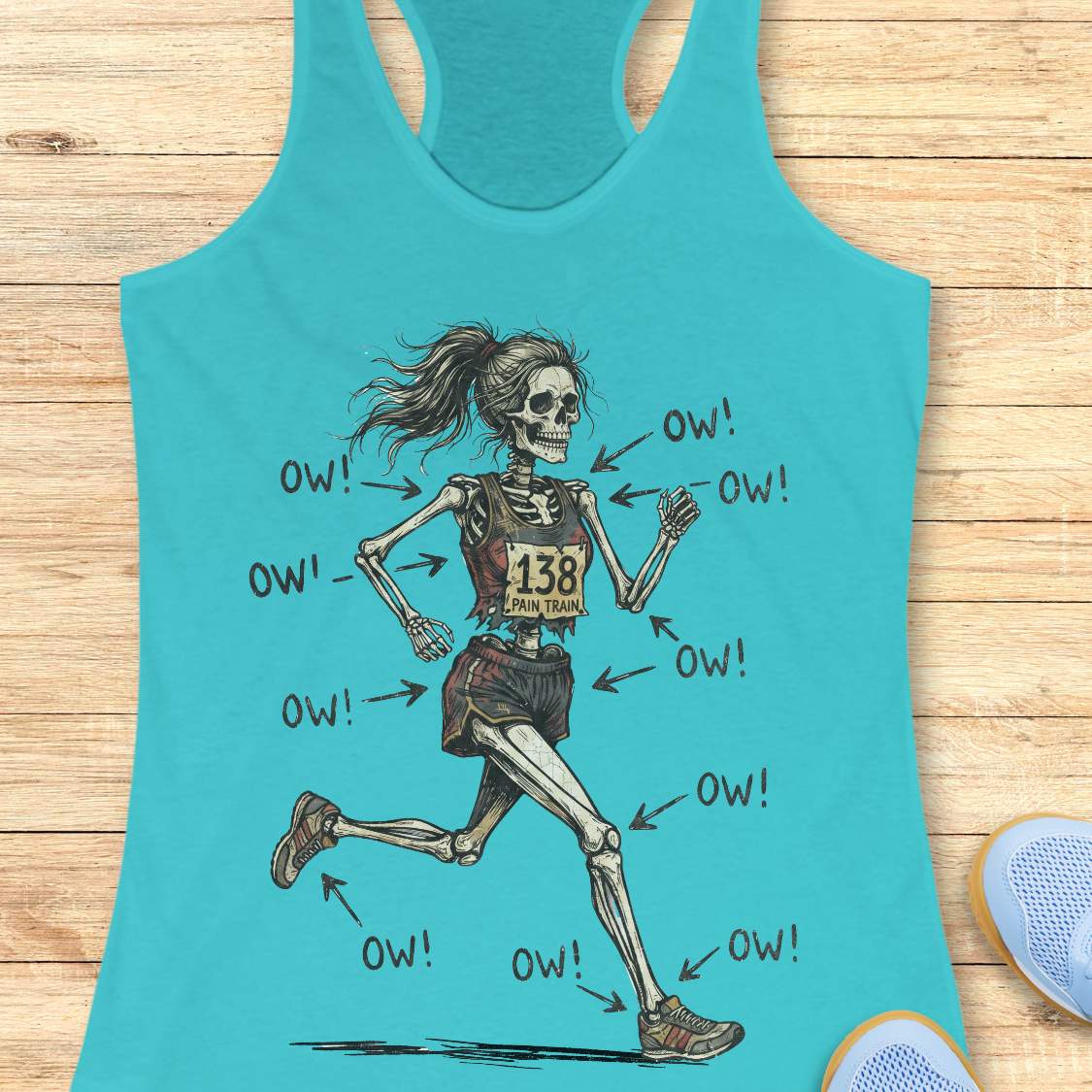 blue tank top with a running skeleton, on a wooden surface