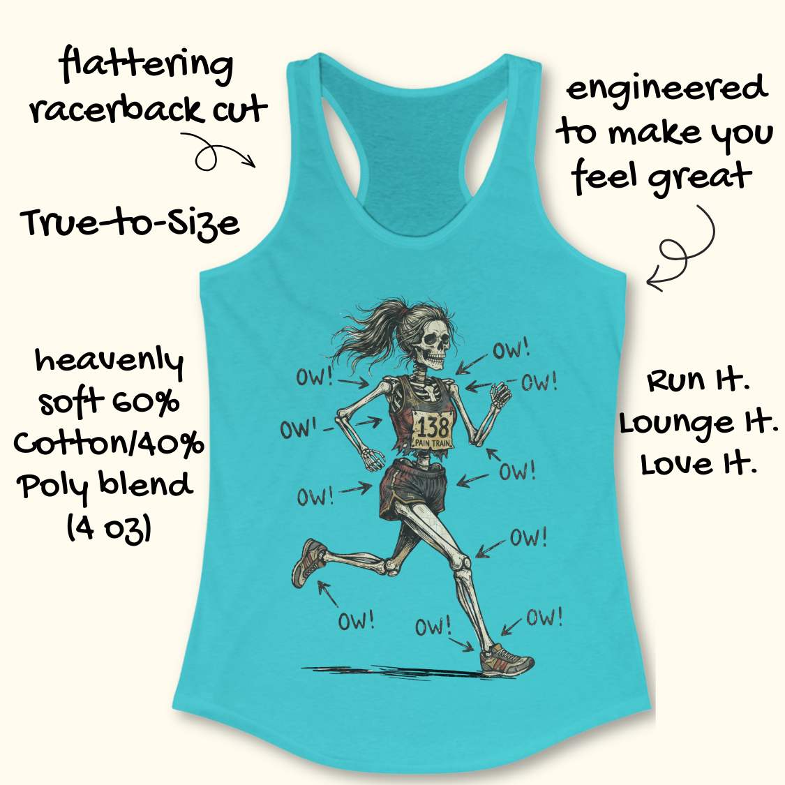 blue tank top with a running skeleton, on a wooden surface