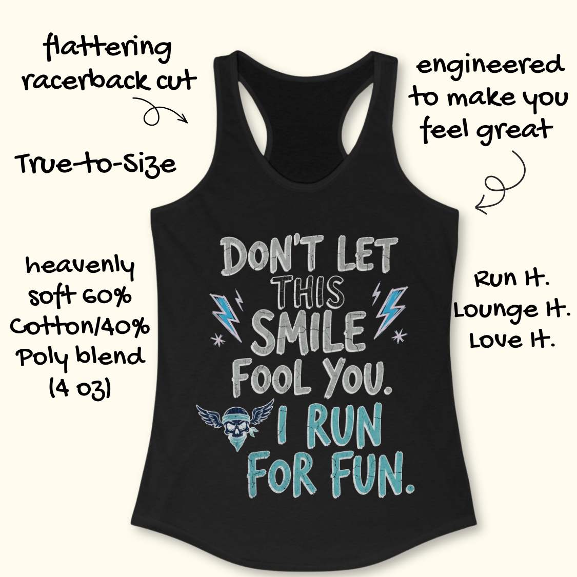 black tank top with text 'Don't let this smile fool you. I run for fun', on a wooden surface