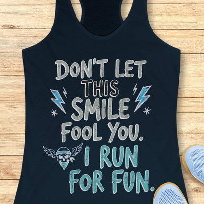 navy tank top with text 'Don't let this smile fool you. I run for fun', on a wooden surface