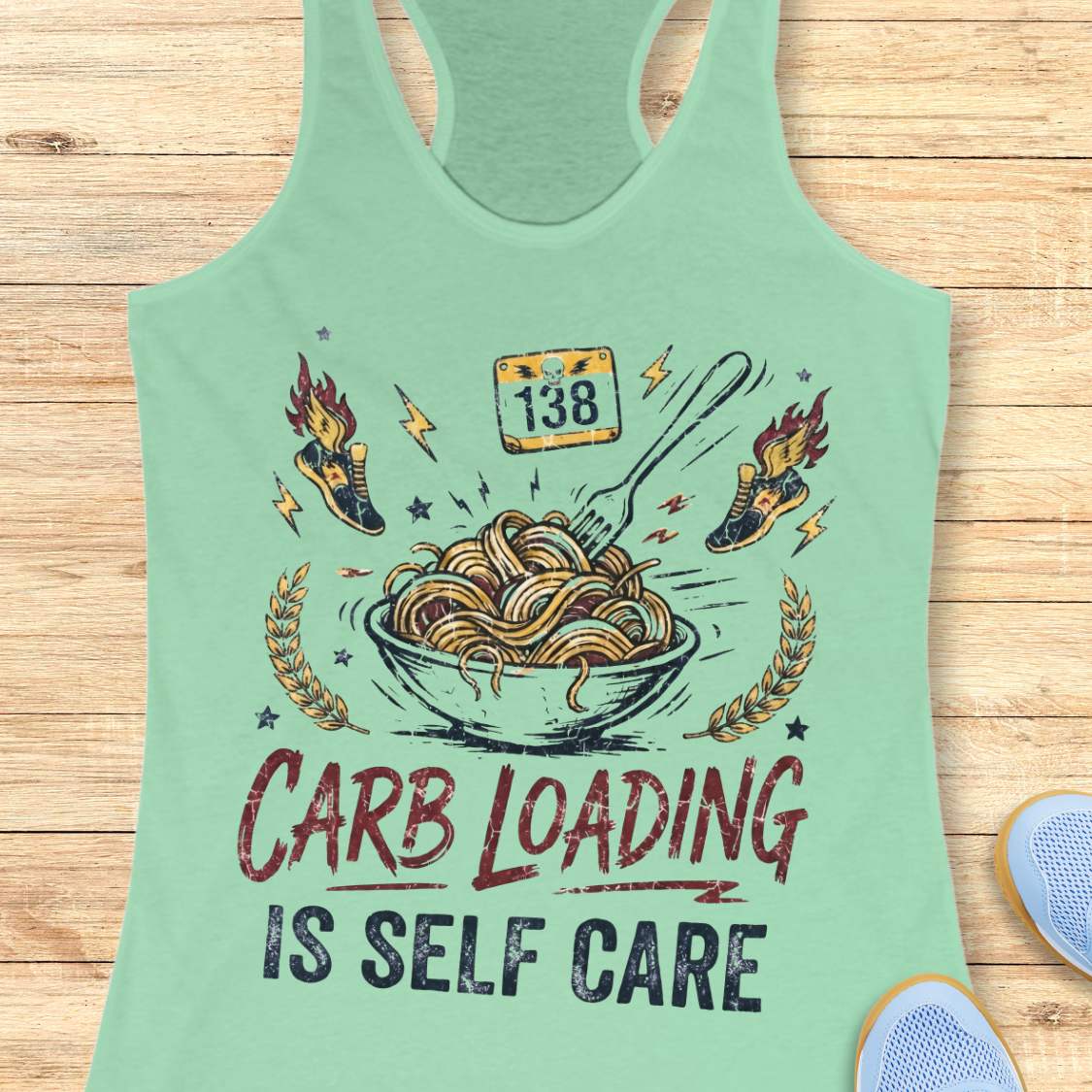 A mint racerback tank top laid flat on a light wood background, featuring a bowl with noodles graphic with the text 'carb loading is self care'.