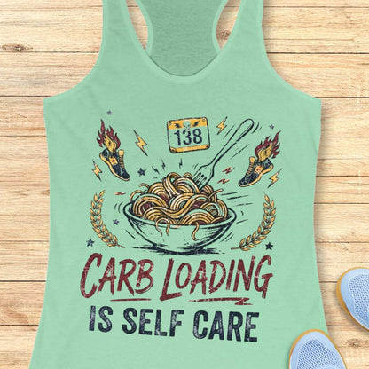 A mint racerback tank top laid flat on a light wood background, featuring a bowl with noodles graphic with the text 'carb loading is self care'.