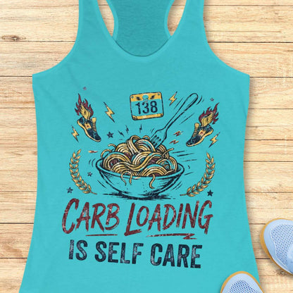 A blue racerback tank top laid flat on a light wood background, featuring a bowl with noodles graphic with the text 'carb loading is self care'.
