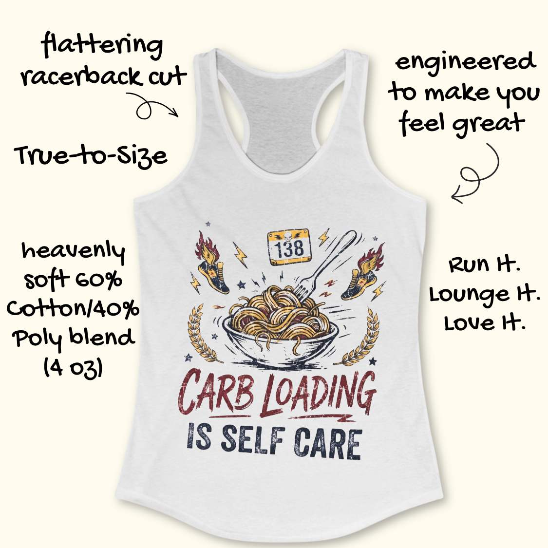 A white racerback tank top laid flat on a light white background, featuring a bowl with noodles graphic with the text 'carb loading is self care'.