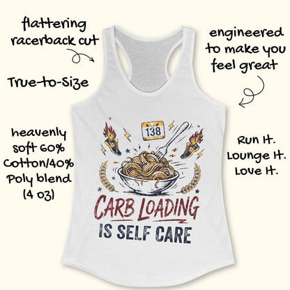 A white racerback tank top laid flat on a light white background, featuring a bowl with noodles graphic with the text 'carb loading is self care'.