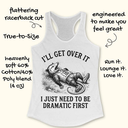 A white racerback tank top with a humorous raccoon graphic and text, surrounded by promotional handwritten text on a light beige background.