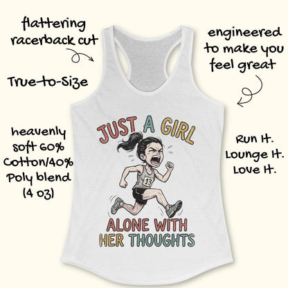 A white racerback tank top with a graphic of a running girl and the text 'JUST A GIRL ALONE WITH HER THOUGHTS' on a light cream background, surrounded by promotional handwritten text callouts.