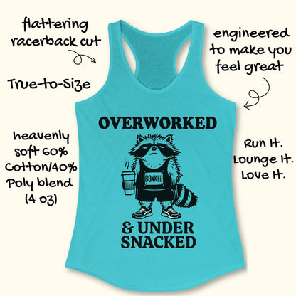 A turquoise racerback tank top with a black graphic of a raccoon wearing a 'BONKER' tank top and the text 'OVERWORKED & UNDER SNACKED'. The image includes hand-drawn style text callouts highlighting features like the flattering racerback cut, true-to-size fit, and soft cotton/polyester blend fabric.