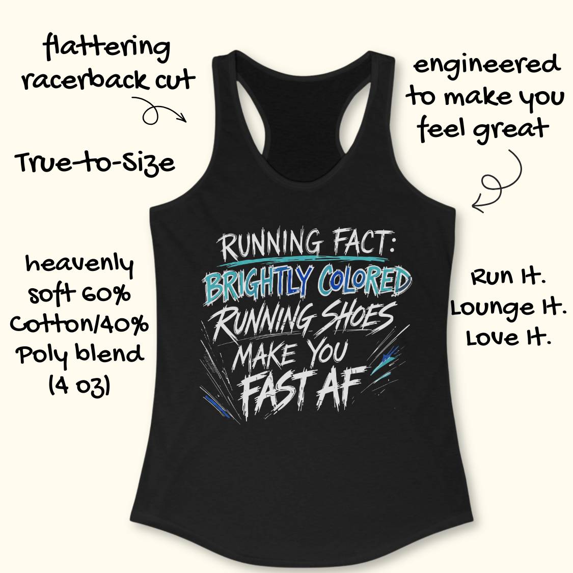 Black racerback tank top with a white, blue, and teal graphic text print on the front, displayed on a light beige background with hand-drawn text annotations describing the product features.