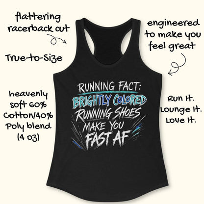 Black racerback tank top with a white, blue, and teal graphic text print on the front, displayed on a light beige background with hand-drawn text annotations describing the product features.