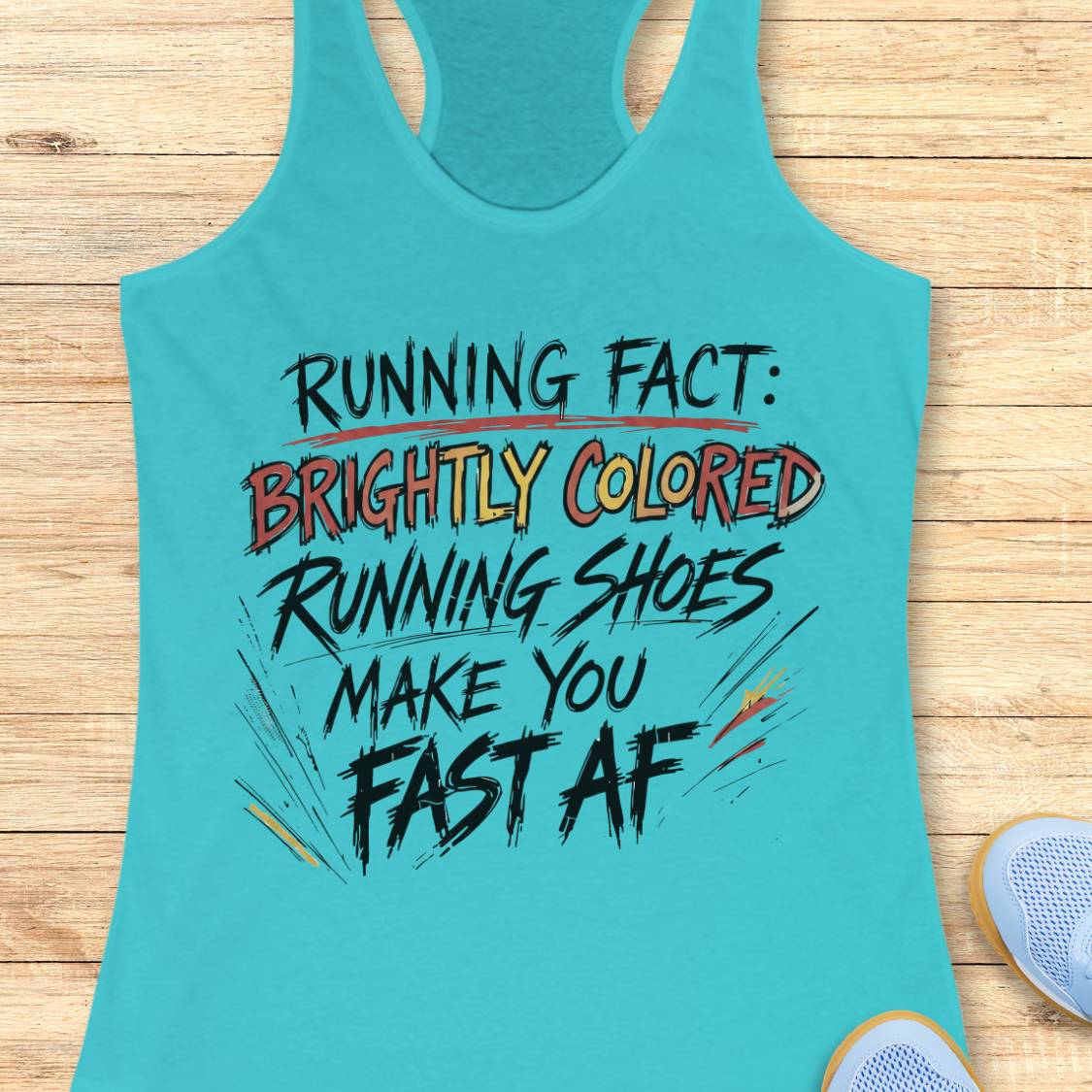 A turquoise racerback tank top laid flat on a light wood background, featuring a colorful graphic text that reads 'RUNNING FACT: BRIGHTLY COLORED RUNNING SHOES MAKE YOU FAST AF'. A partial light blue shoe is visible at the bottom right corner.