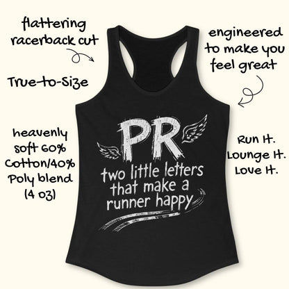Black racerback tank top with a white graphic print reading 'PR two little letters that make a runner happy' on a light beige background, surrounded by promotional text callouts.