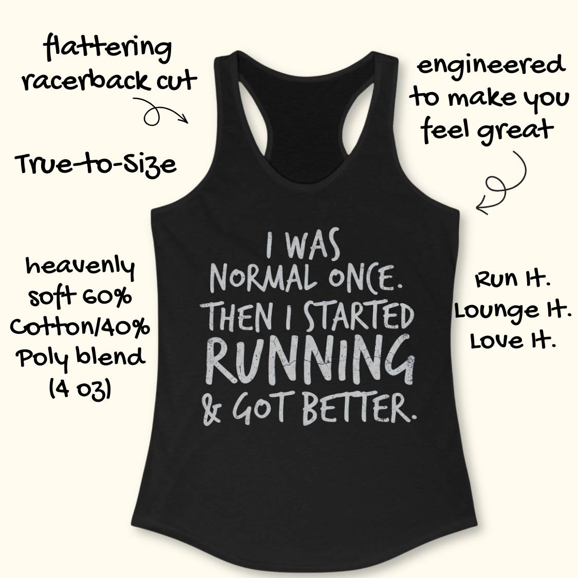 A black racerback tank top with white text reading 'I WAS NORMAL ONCE. THEN I STARTED RUNNING & GOT BETTER.