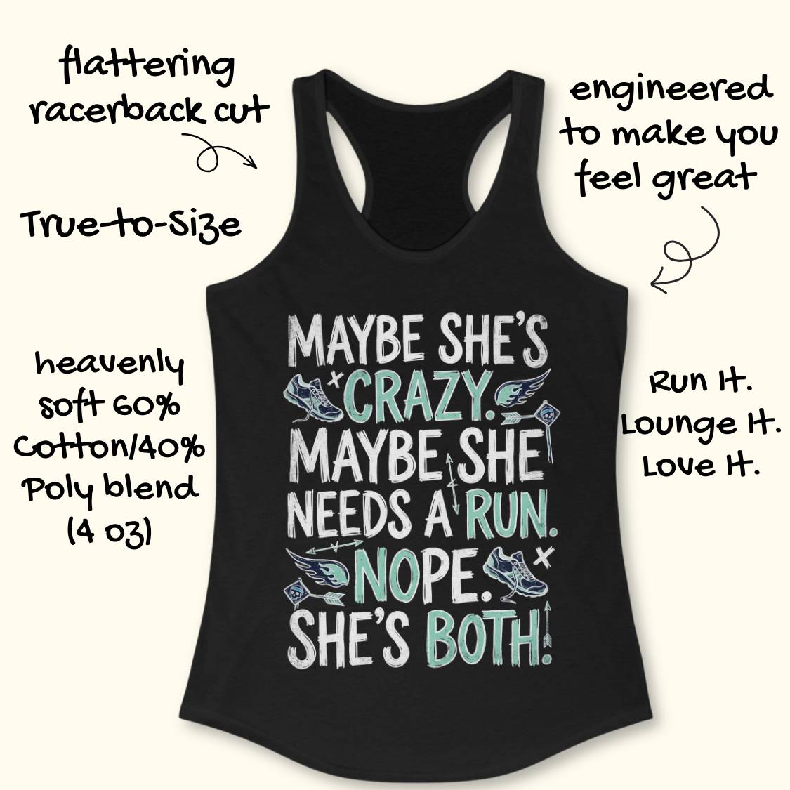 A black racerback tank top with a motivational graphic text print on the front, displayed on a light beige background with decorative text callouts around it.