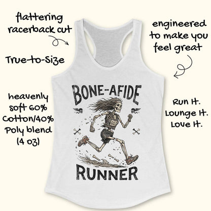 White racerback tank top with a black graphic of a running skeleton and the text 'BONE-AFIDE RUNNER' on a light cream background, surrounded by promotional handwritten text callouts.