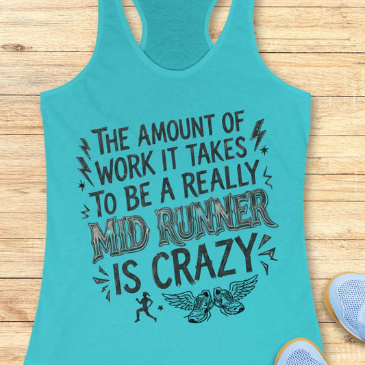 A turquoise racerback tank top with a humorous graphic for running, laid flat on a light wood background with a sneaker partially visible in the corner.