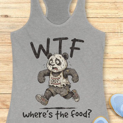 A heather gray racerback tank top laid flat on a light wood surface, featuring a cartoon panda runner with the text 'WTF' above and 'where's the food?' below.