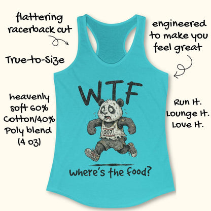 A turquoise racerback tank top with a graphic of a running panda and the text 'WTF Where's the food?' on a light beige background, surrounded by hand-drawn marketing text describing the garment's features.