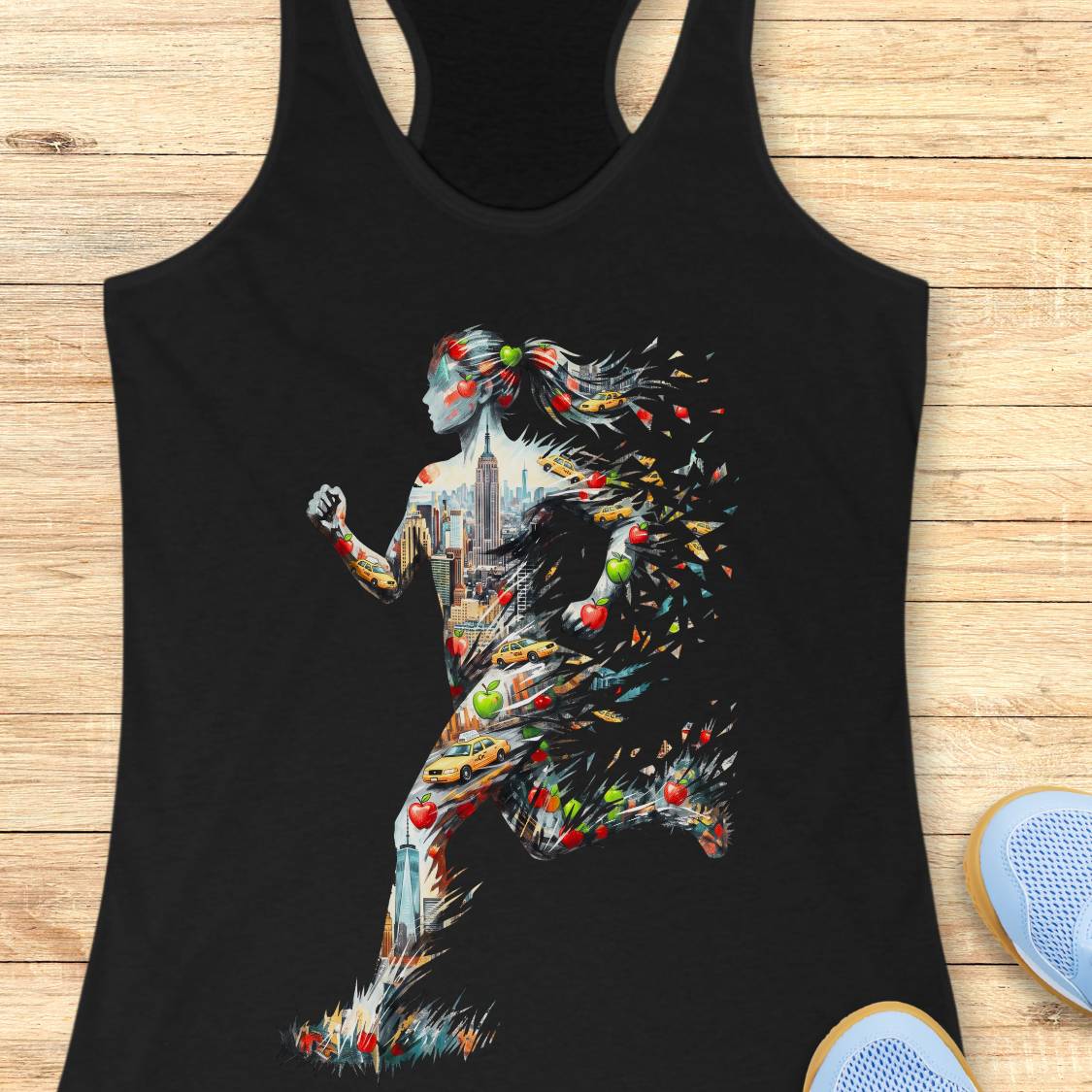 A black racerback tank top laid flat on a light wood surface, featuring a large graphic print of a running woman composed of colorful food items like apples, and other items reletaed to New York City. A pair of blue sneakers is partially visible at the bottom right.