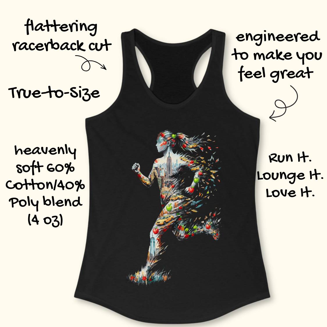 Black racerback tank top with a colorful running woman graphic on the front, shown on a light beige background with handwritten promotional text around it.