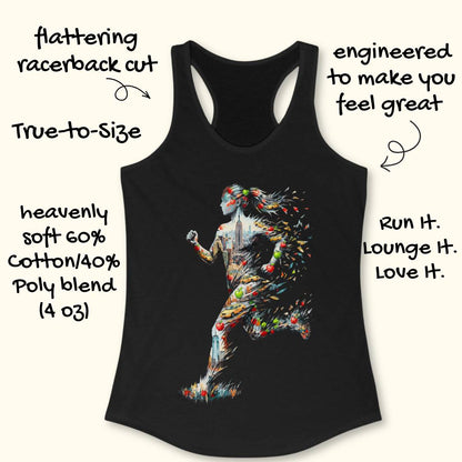 Black racerback tank top with a colorful running woman graphic on the front, shown on a light beige background with handwritten promotional text around it.