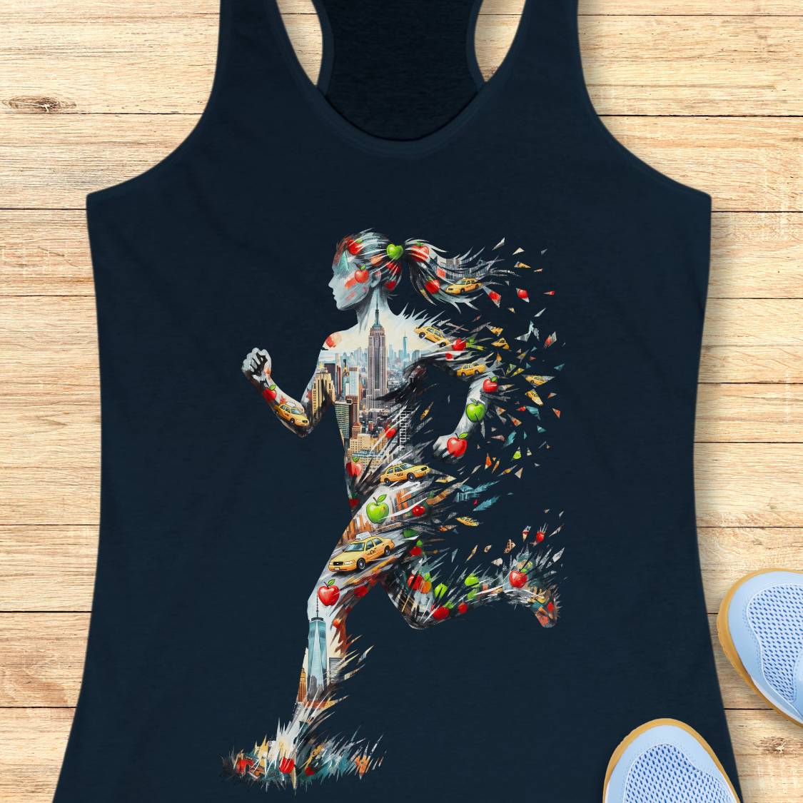 A navy racerback tank top laid flat on a light wood surface, featuring a colorful graphic of a running female figure made from paint splatters, New York city buildings, and small fruits. Part of a white sneaker is visible at the bottom right.