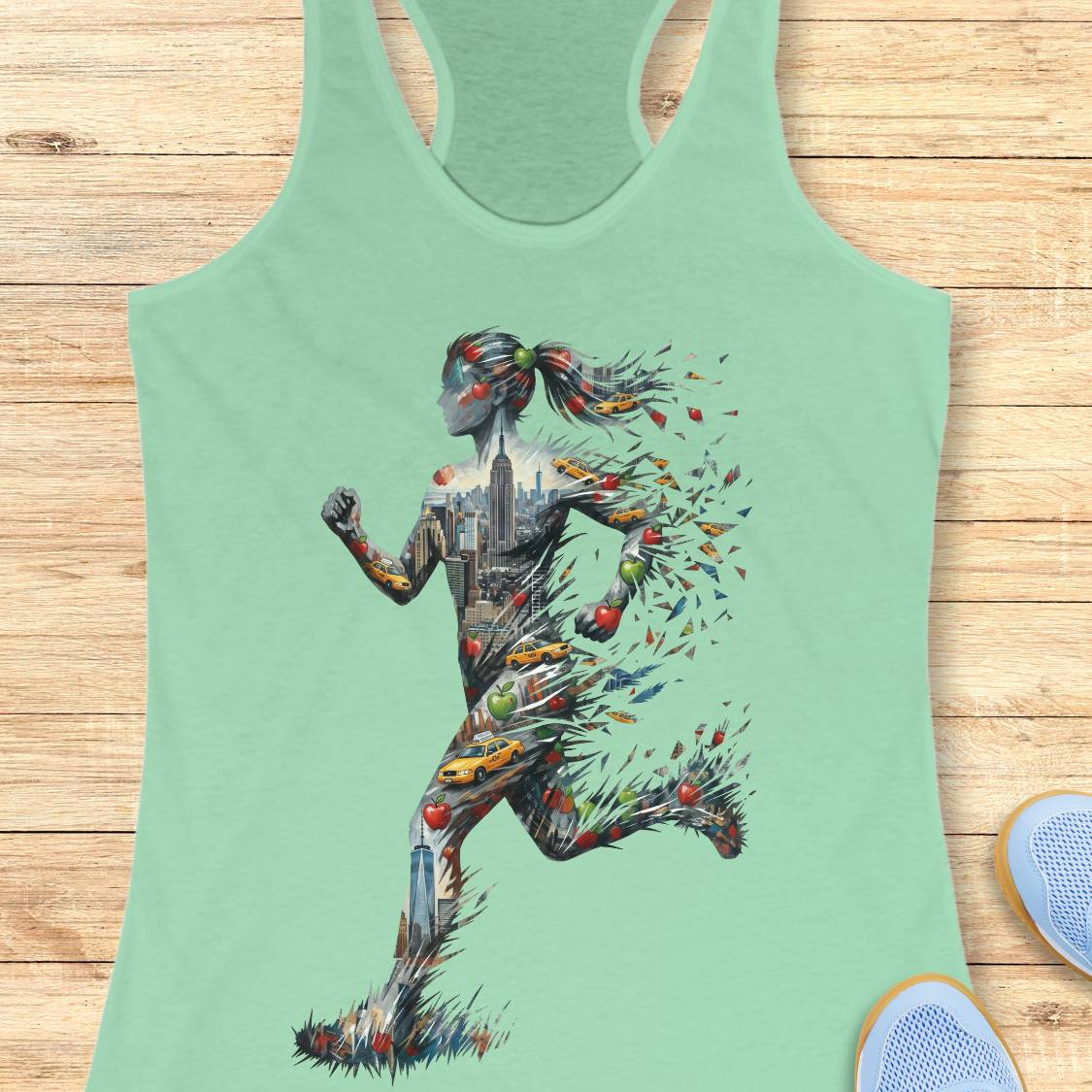 A mint green racerback tank top featuring a large graphic print of a running female silhouette made from New York city elements, shown flat on a light wood plank background.