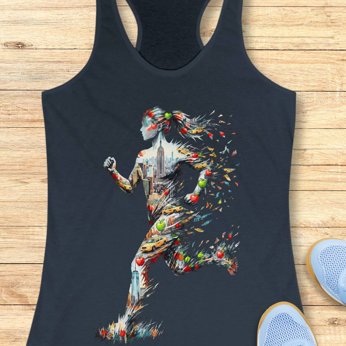 A indigo racerback tank top laid flat on a light wood surface, featuring a large graphic print of a running woman composed of colorful food items like apples, oranges, and other items reletaed to New York City. A pair of white sneakers is partially visible at the bottom right.