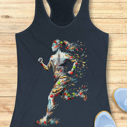 A indigo racerback tank top laid flat on a light wood surface, featuring a large graphic print of a running woman composed of colorful food items like apples, oranges, and other items reletaed to New York City. A pair of white sneakers is partially visible at the bottom right.