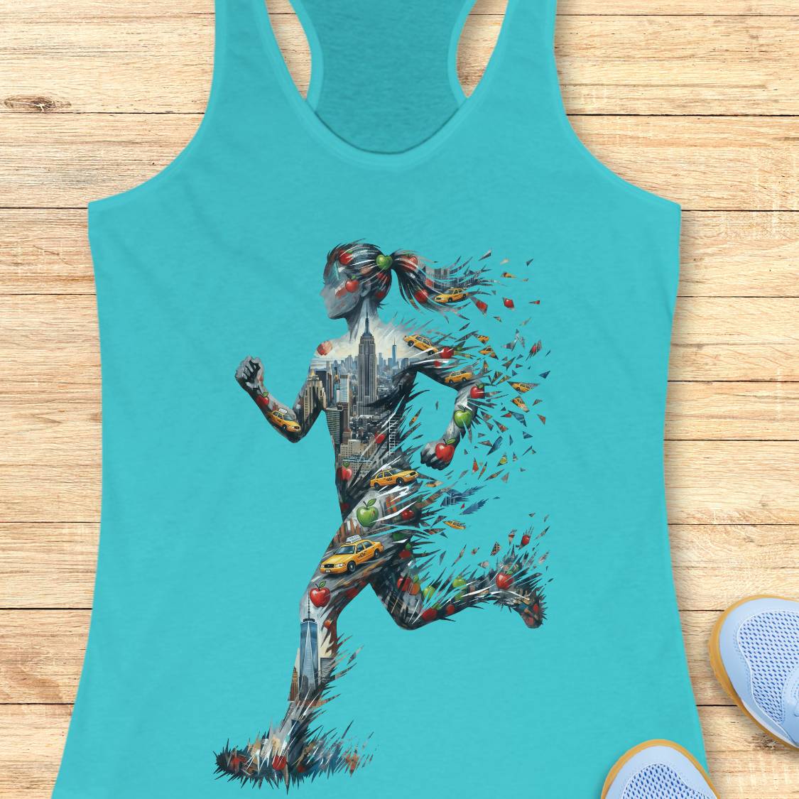 A turquoise racerback tank top laid flat on a light wood surface, featuring a large graphic of a running female silhouette made from New York city buildings, cars, and colorful paint splatters. Partial shoes are visible at the bottom right as styling props.