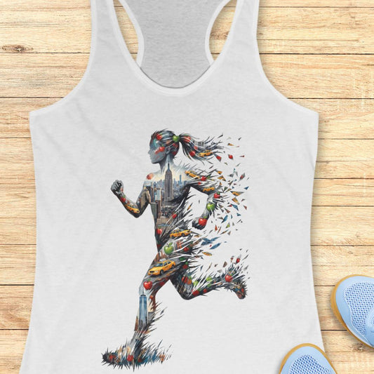 A white racerback tank top laid flat on a light wood surface, featuring a colorful graphic of a running woman made from paint splatters and small objects reletaed to New York City. Part of a blue shoe is visible at the bottom right as a styling prop.