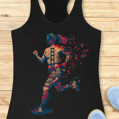 A black racerback tank top laid flat on a light wood surface, featuring a large colorful graphic of a running silhouette filled with San Francisco landmarks including the Golden Gate Bridge, cable cars, and houses. Partial white sneakers are visible at the bottom right.
