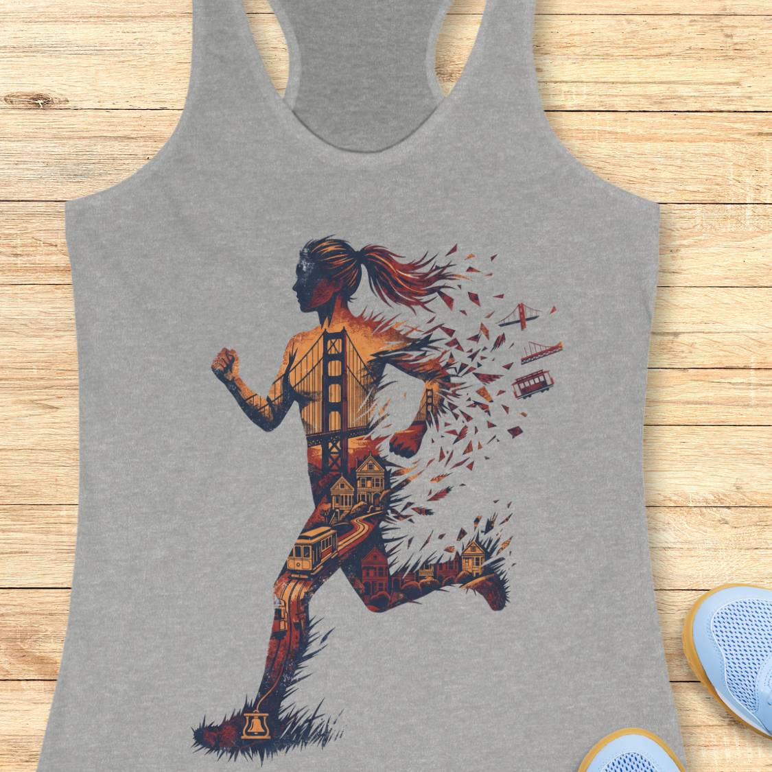 A heather gray racerback tank top featuring a graphic print of a running woman composed of San Francisco landmarks and street elements, laid flat on a light wood plank background.