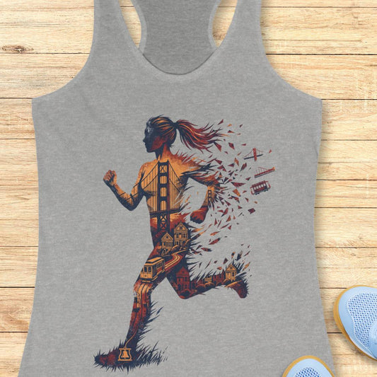 A heather gray racerback tank top featuring a graphic print of a running woman composed of San Francisco landmarks and street elements, laid flat on a light wood plank background.