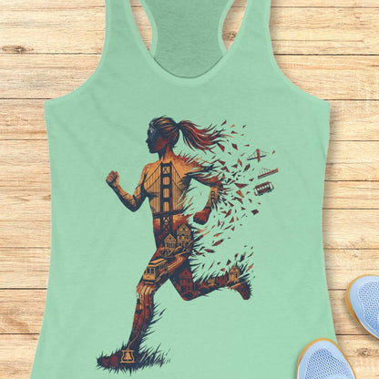 A mint green racerback tank top featuring a graphic of a running woman composed of Golden Gate Bridge, houses, and trains, laid flat on a light wood background.